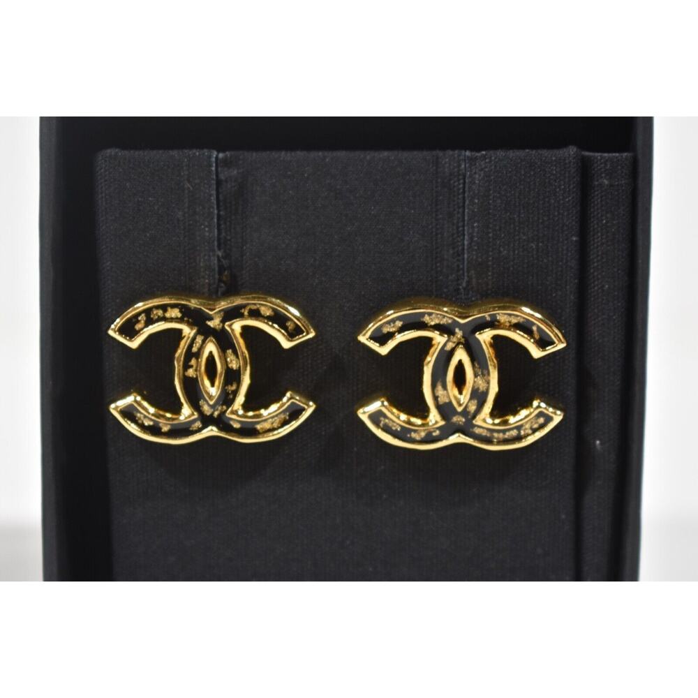 Chanel 23C Gold Black Interlocking CC Logo Classic Drop Statement Stud Earrings - Picture 2 of 8